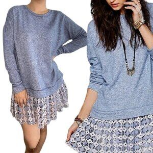 Free People FP Beach Tunic Dress Sweater Floral Lace Hem Heather Blue White S